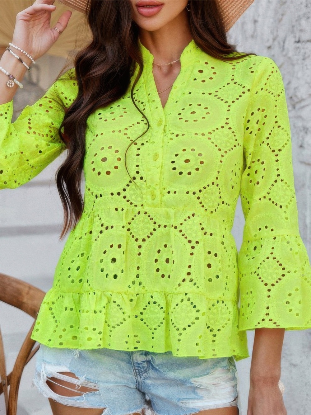 Solid Half Button Flounce Sleeve Peplum Blouse